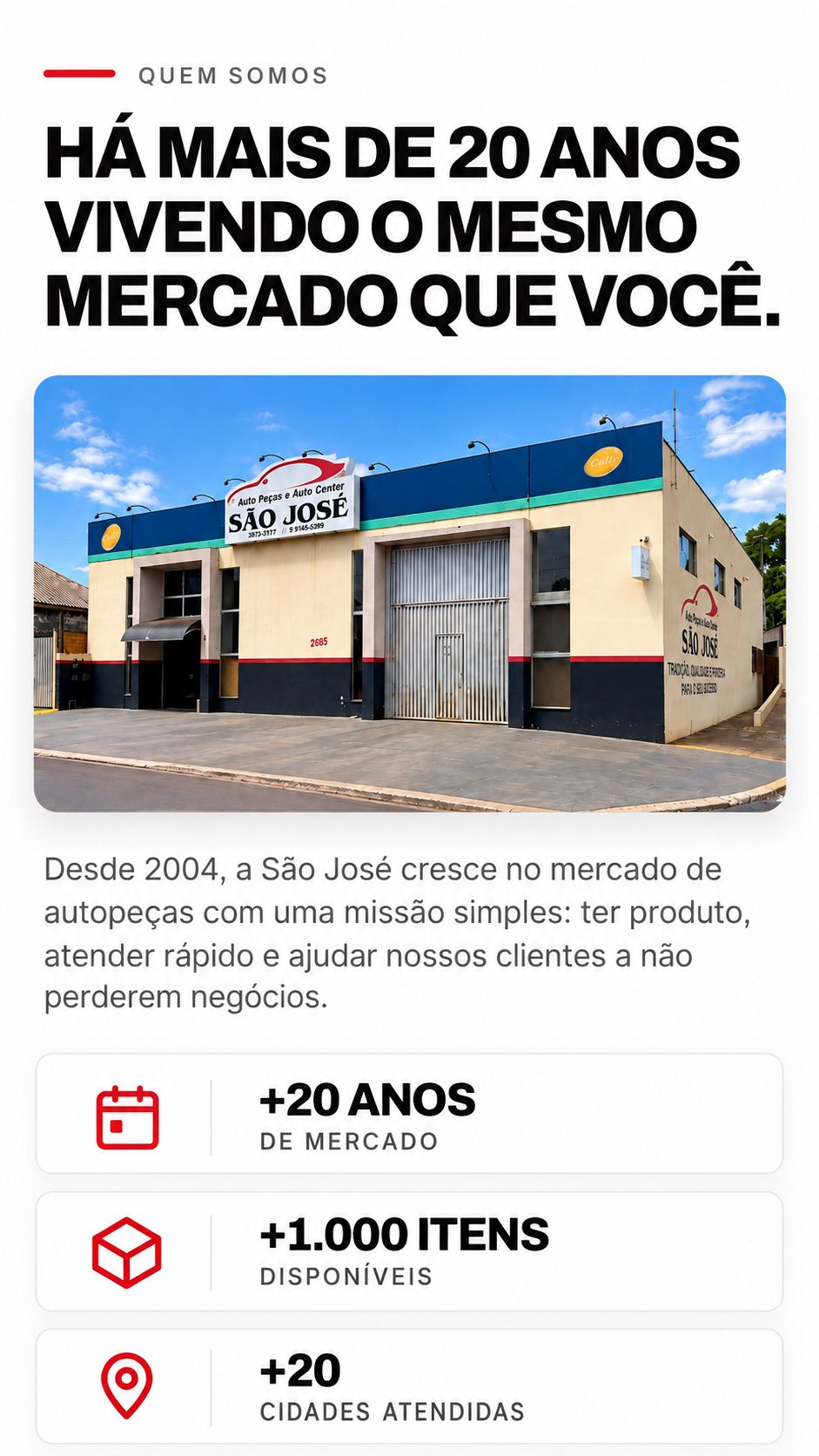 Há mais de 20 anos no mercado. +20 anos, +1.000 itens, +20 cidades atendidas.